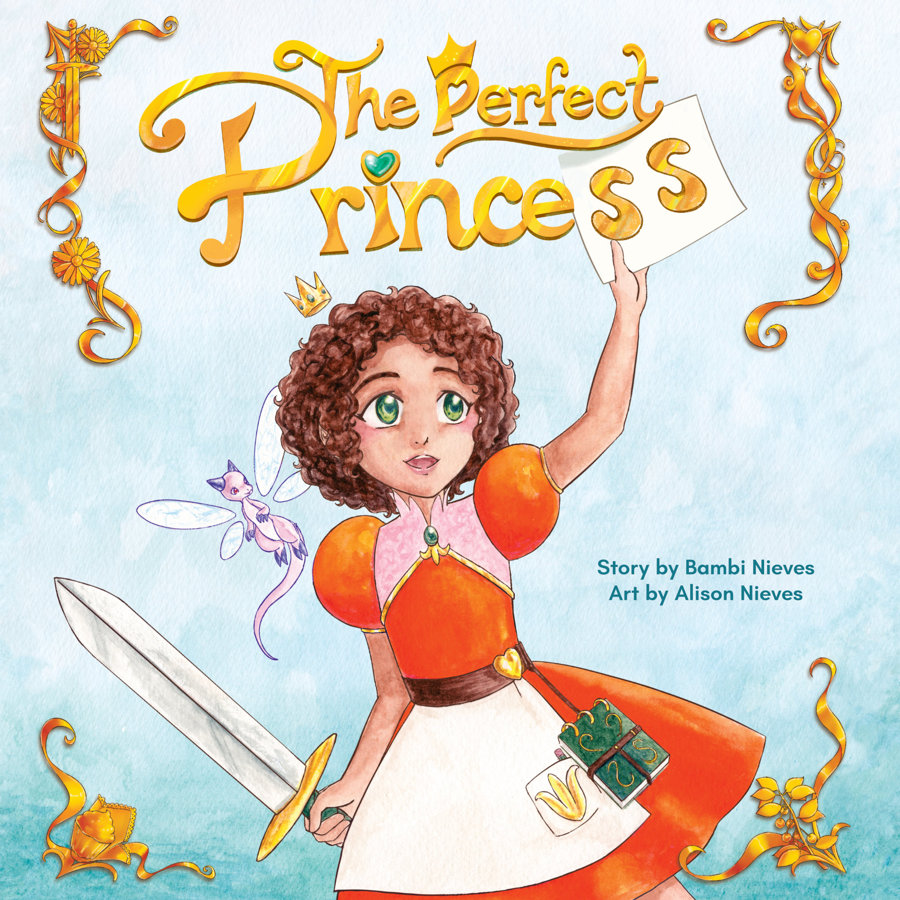 The Perfect Princess book cover, Amina, and Prism the dragonfly dragon cheerfully adjusting the book's title